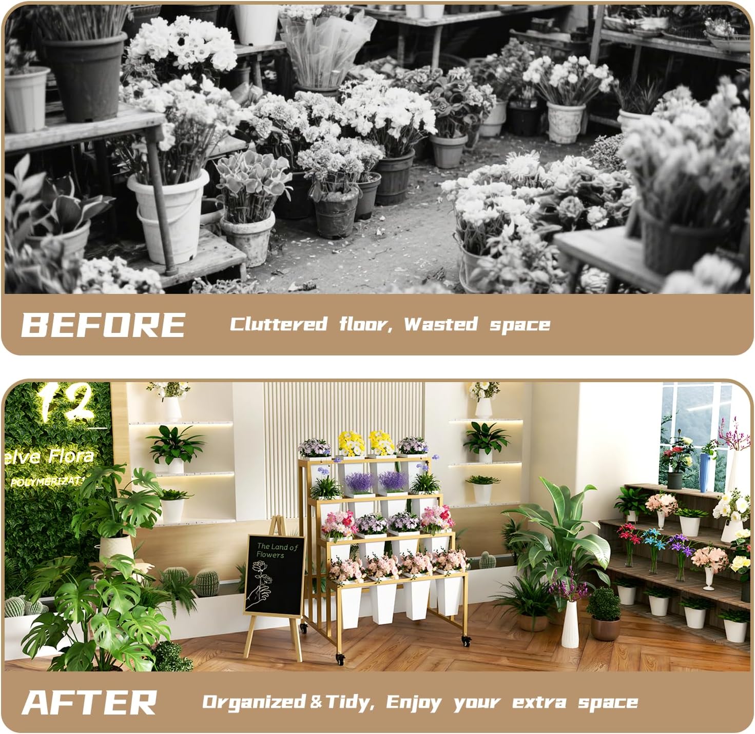 Flower Display Stand with 16 Buckets, 4 Layers Flower Bar, Gold Metal Plant Stand with Wheels, Heavy Duty Flower Cart for Indoor Outdoor Patio Garden Wedding Florist, Gold Metal Frame